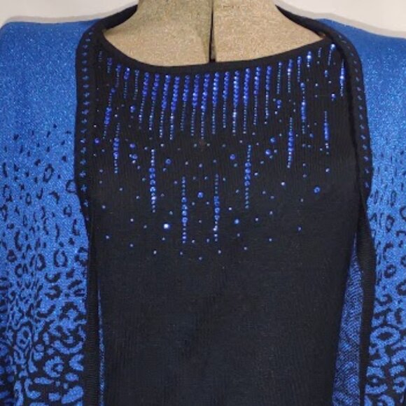 ALFRED DUNNER BLUE & BLACK LEOPARD PRINT STUDS BLING FAUX CAMI 3/4 SLEEVE LG - Picture 2 of 12